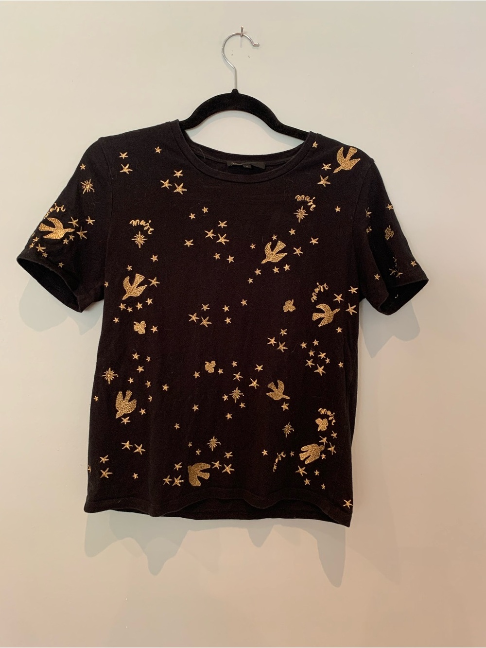 Maje Black Short-Sleeve Tee with Gold Star & Bird Embroidery